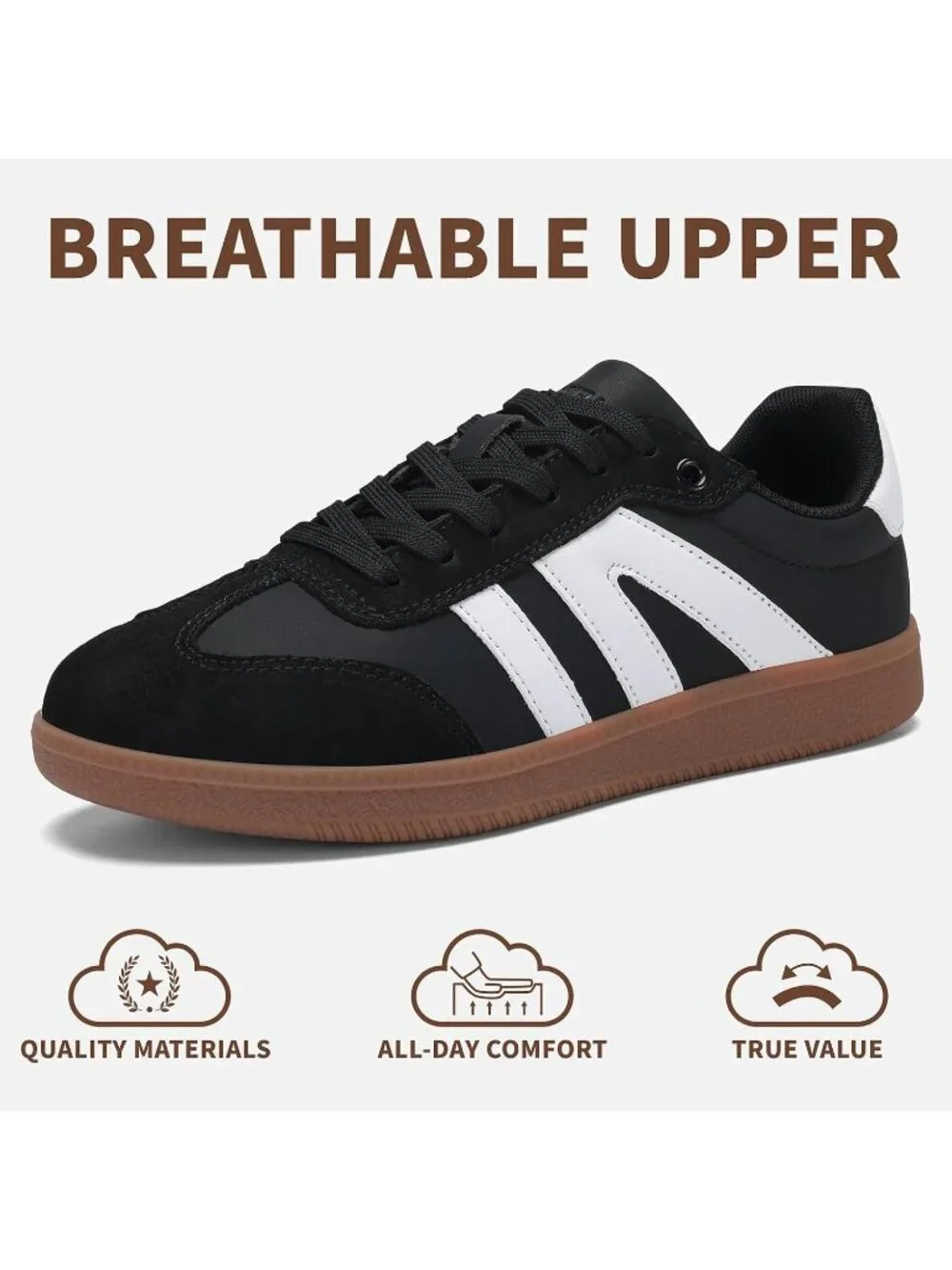 Women's Black Lightweight Retro Gum Sole Non Slip Lace Up Fashion Sneakers